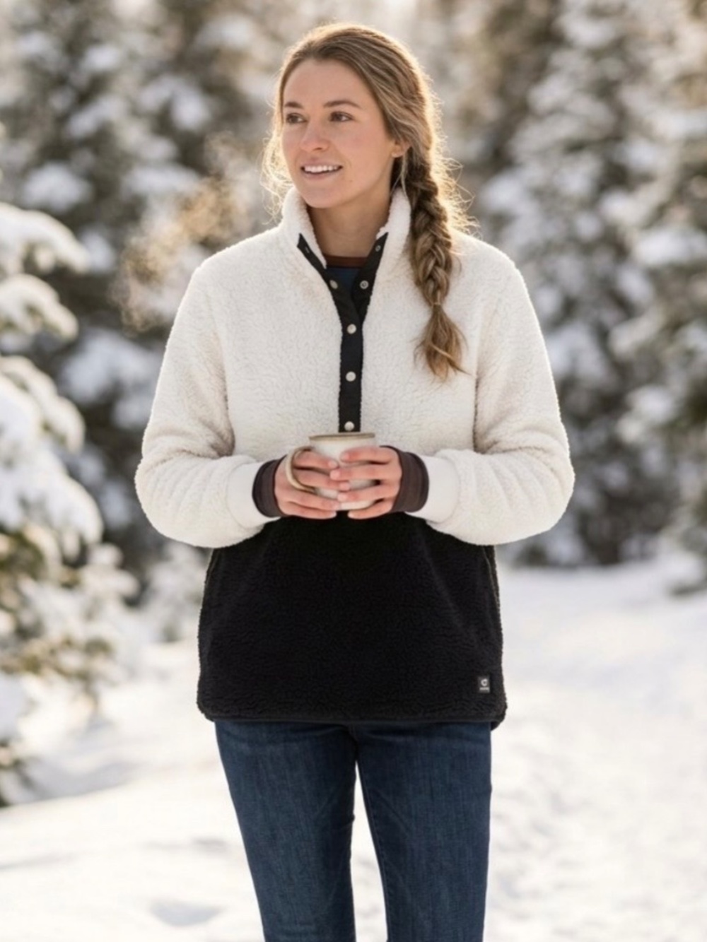 Calvin Klein XL Cream Black Sherpa Pullover Jacket Colorblock Cozycore Outdoor